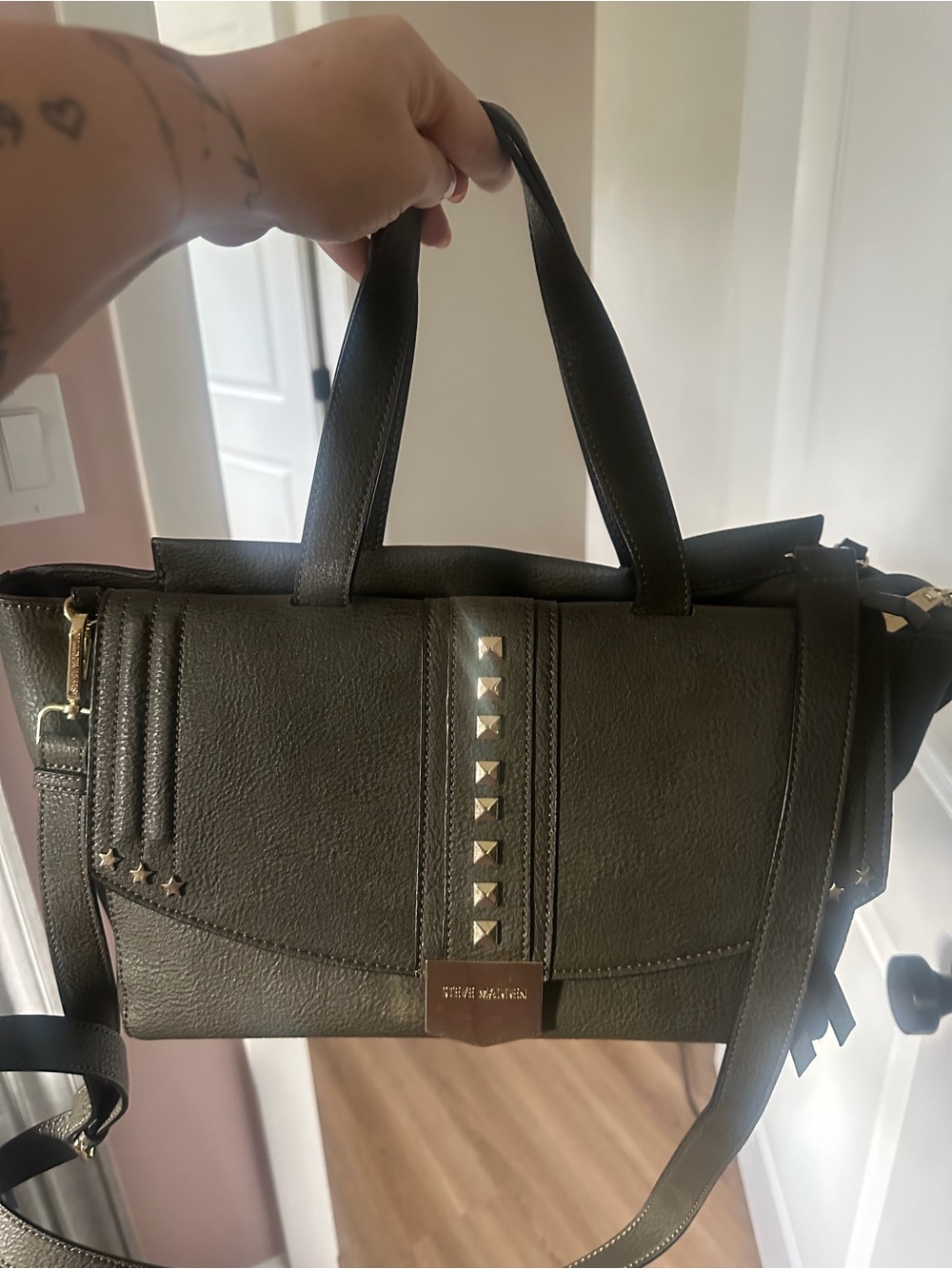 Steve Madden Dark Olive Studded Satchel with Gold Accents